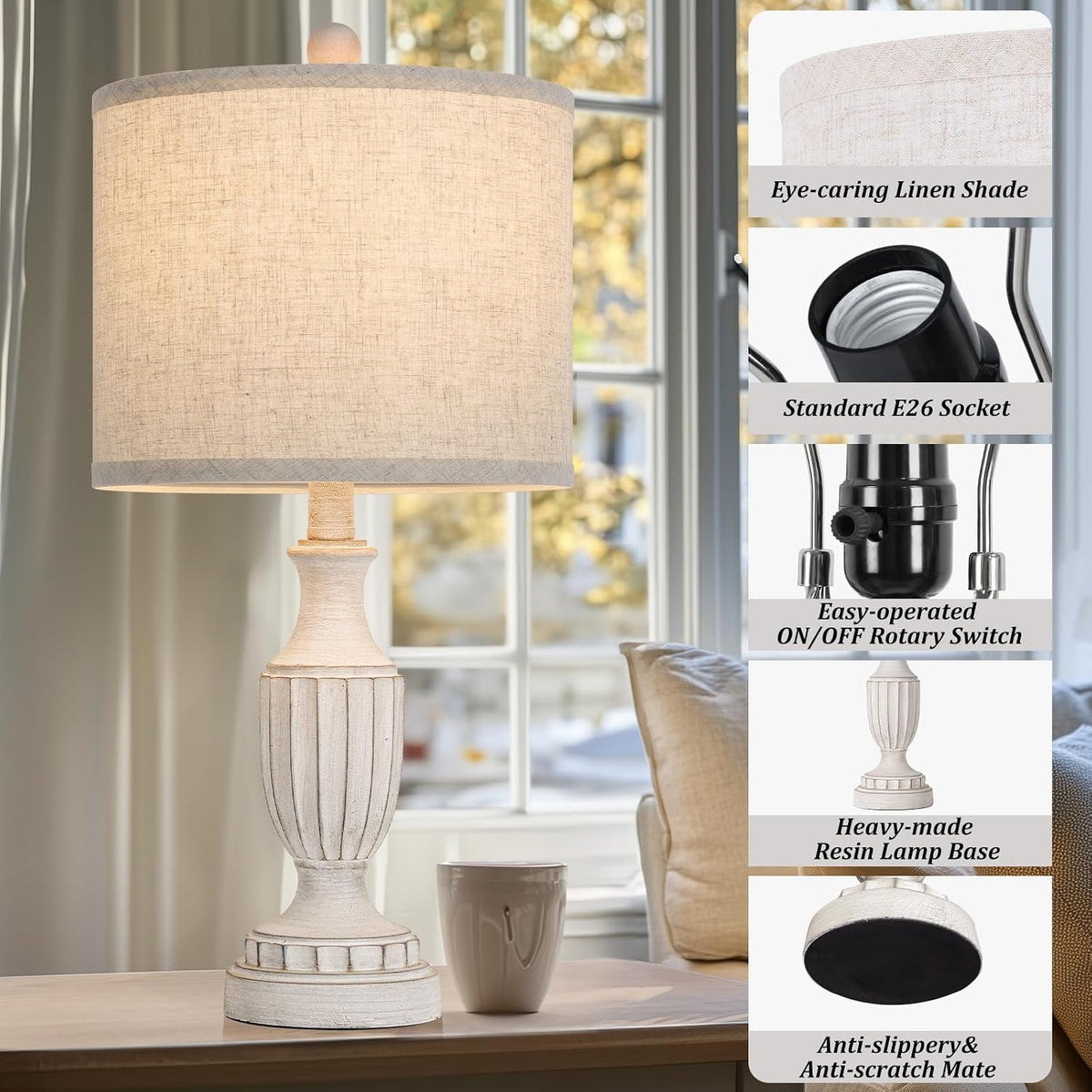 TOBUSA 22" Farmhouse Resin Table Lamps Set of 2, Rustic Nightstand Lamps