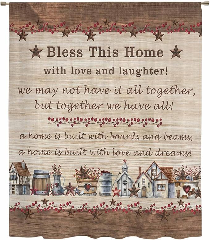 Farmhouse Sheer Curtains 96 Inch Length Brown Country Star Berry Vintage Wood