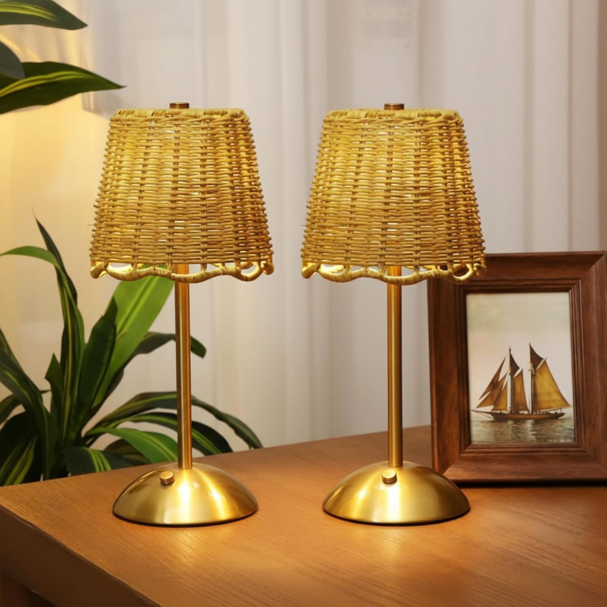 Pickmesh 2 Pack Rattan Table Lamp, Cordless LED Boho Wicker Desk Lamp
