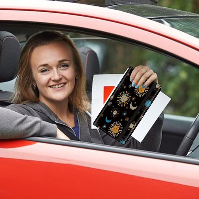 Car Registration and Insurance Holder, Leather Car Glove Box Organizer, Cool Car Accessories for ID, Driver's License Cards & Essential Document, Business Cards, Men&Women,Moon Sun