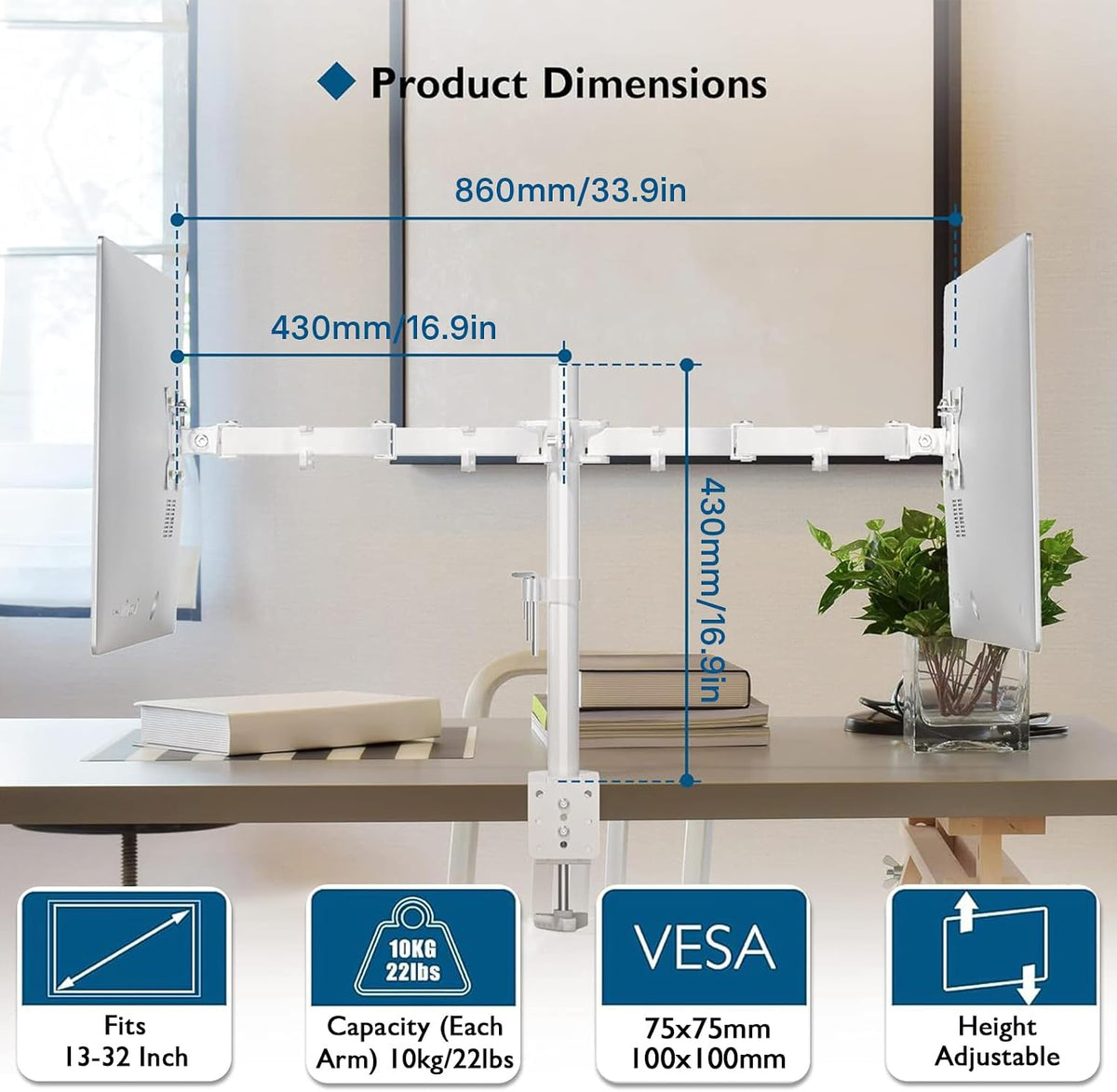 BONTEC Dual Monitor Desk Mount, 13-27 Inch, 22lbs, VESA 75x75/100x100,White