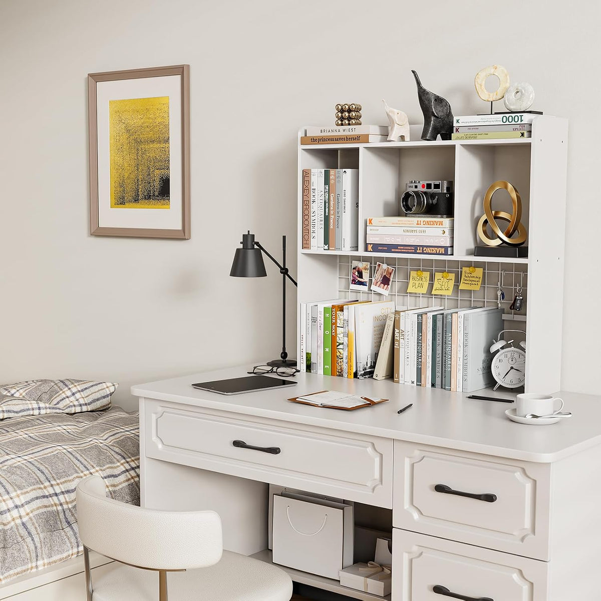 Desktop Bookshelf,Desk Hutch with 3 Shelves for Computer,White