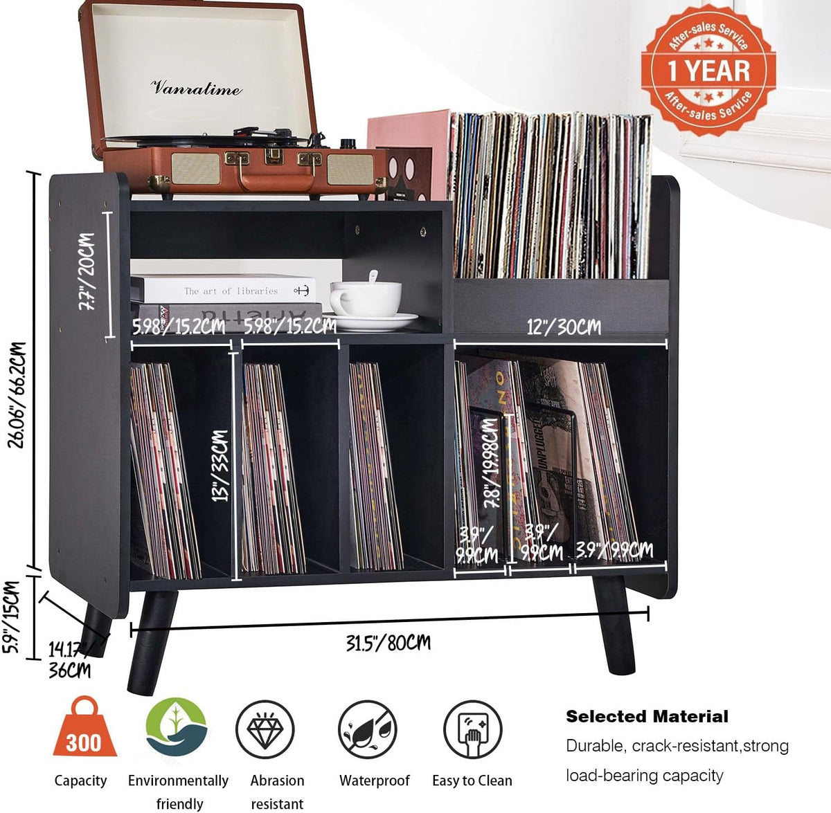 Record Player Stand, Large Record Player Table Cabinet (Black)