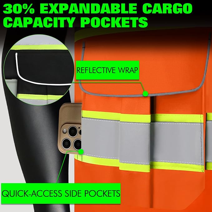 BeautyWill 5Pack Custom Logo Safety Vest 8 Pockets Class2 ANSI Certified High Visibility Reflective Vest for Men - Personalized Logo Heavy-Duty Work Vest（Orange，XXL）