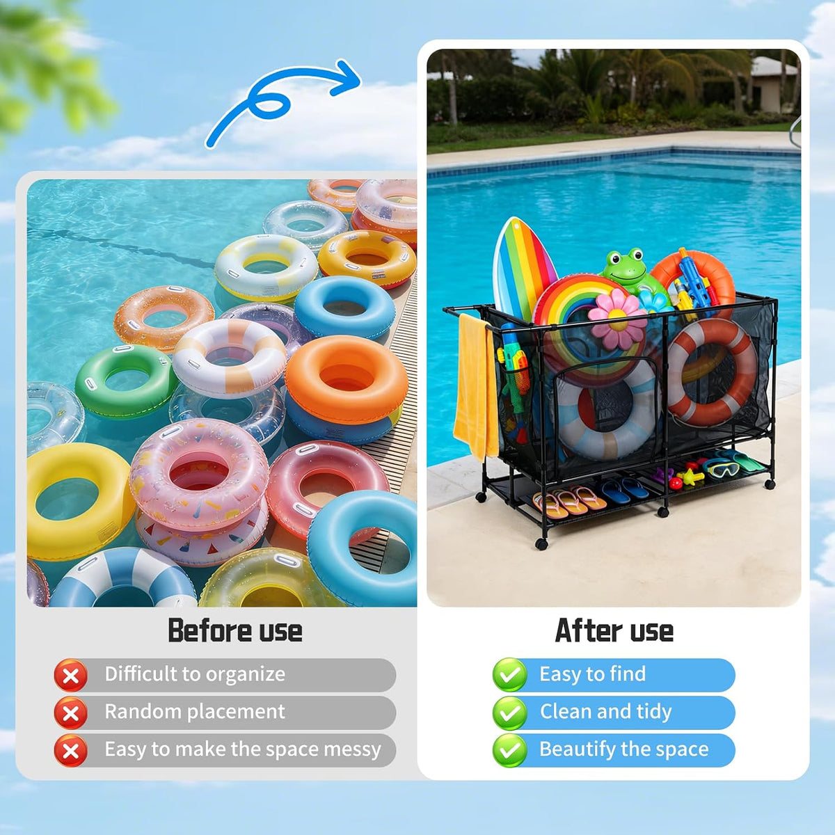 pool float organizer,Bottom Table, Zipper Doors & Rolling Wheels, Portable Easy Assembly,Storage for swim ring, water ball and water gun for Indoor Outdoor Pool Backyard Storage(L)