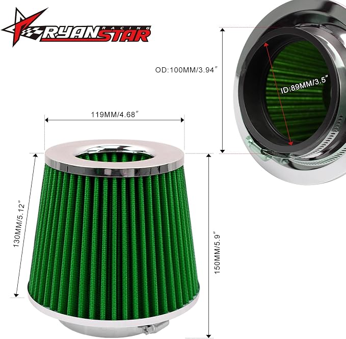 RYANSTAR RACING 89mm 3.5" High Flow Round Tapered Cone Cool Air Filter Cleaner