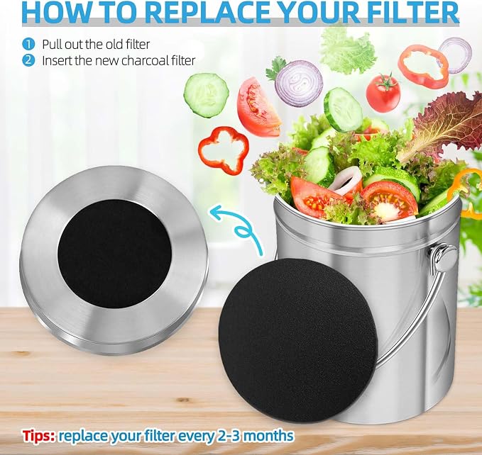 6 Pack Compost Filters for Countertop Bin, 6.7 Inch Charcoal Filters for