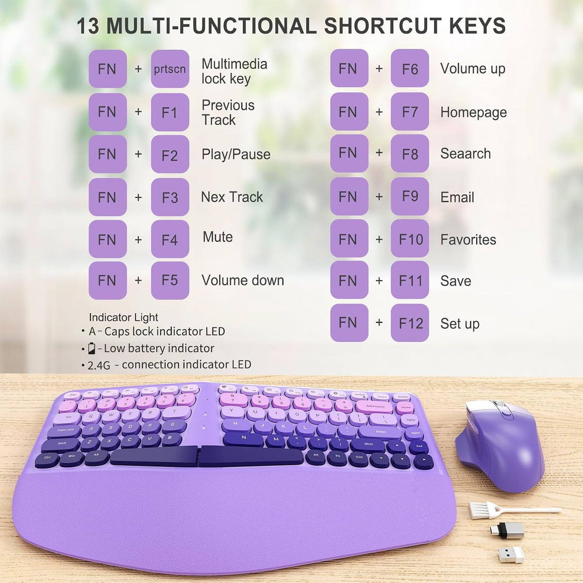 Ergonomic Wireless Keyboard Mouse, Mechanical Gaming Set with Wrist Rest