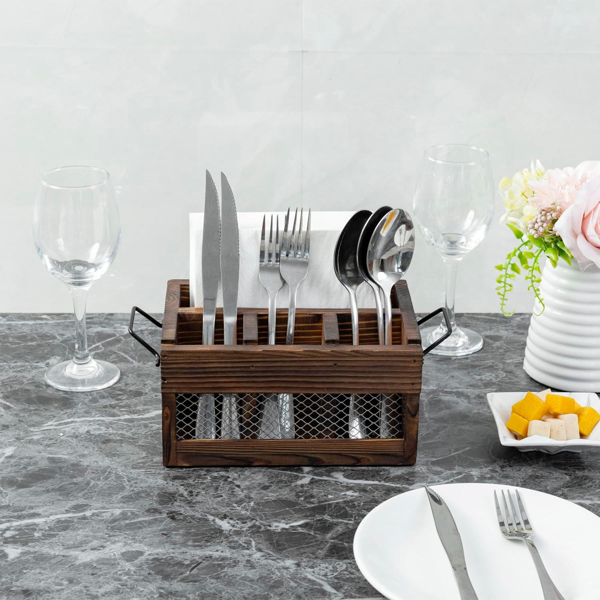 MyGift Rustic Brown Wood Utensil & Napkin Caddy with Black Metal Handles