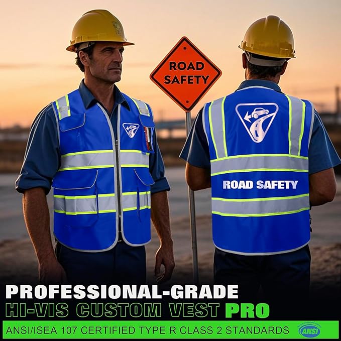 BeautyWill Custom Logo Safety Vest 8 Pockets Class2 ANSI Certified High Visibility Reflective Vest for Men - Personalized Logo Heavy-Duty Work Vest（Blue，3XL）