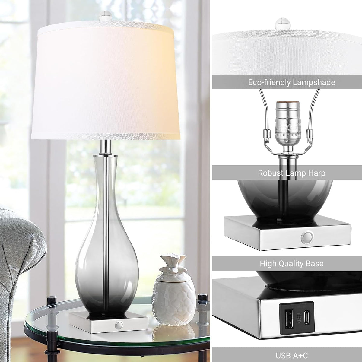27" Glass Table Lamps with USB Ports, Touch Bedside Desk Lamps Set of 2