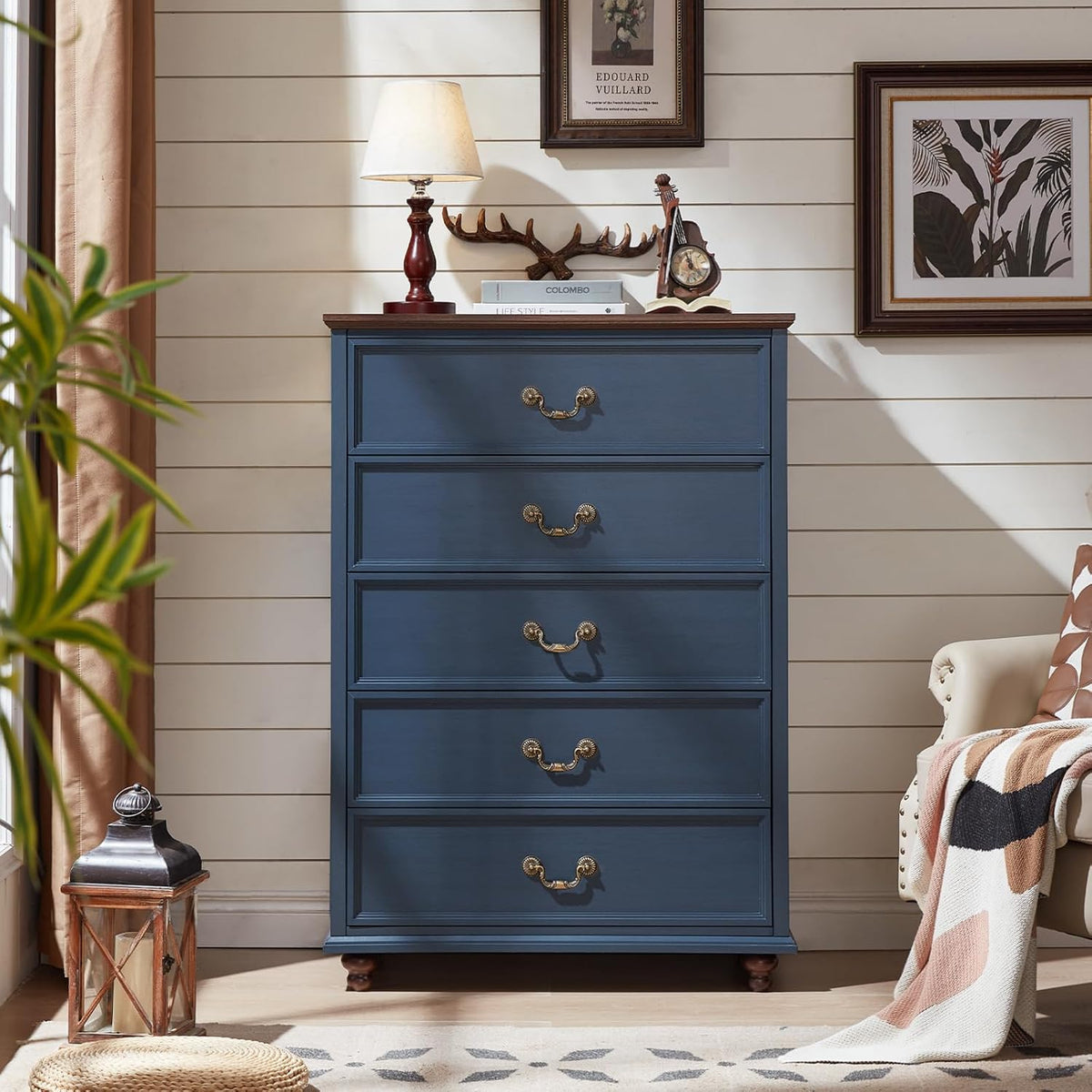 Joaxswe Farmhouse 5 Drawer Dresser for Bedroom, 45" Tall Rustic Chests of Drawers w/ 4 Solid Wood Feet, Mid Century Modern Wooden Closet Storage Dressers Organizer for Living Room, Hallway, Navy Blue