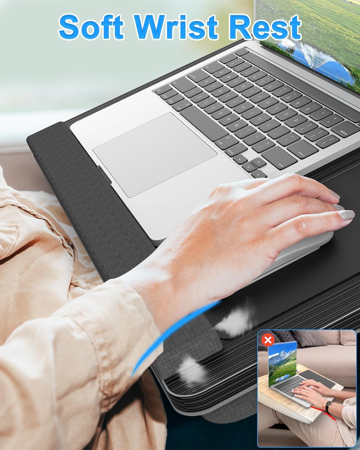HETTHI Laptop Lap Desk, Portable Large Laptop Desk for Bed, Up to 17 Inch Lap Pad Tray with Wrist Rest, Mouse Pad, Tablet Phone Slot, Portable Handle, Cushion (Black)
