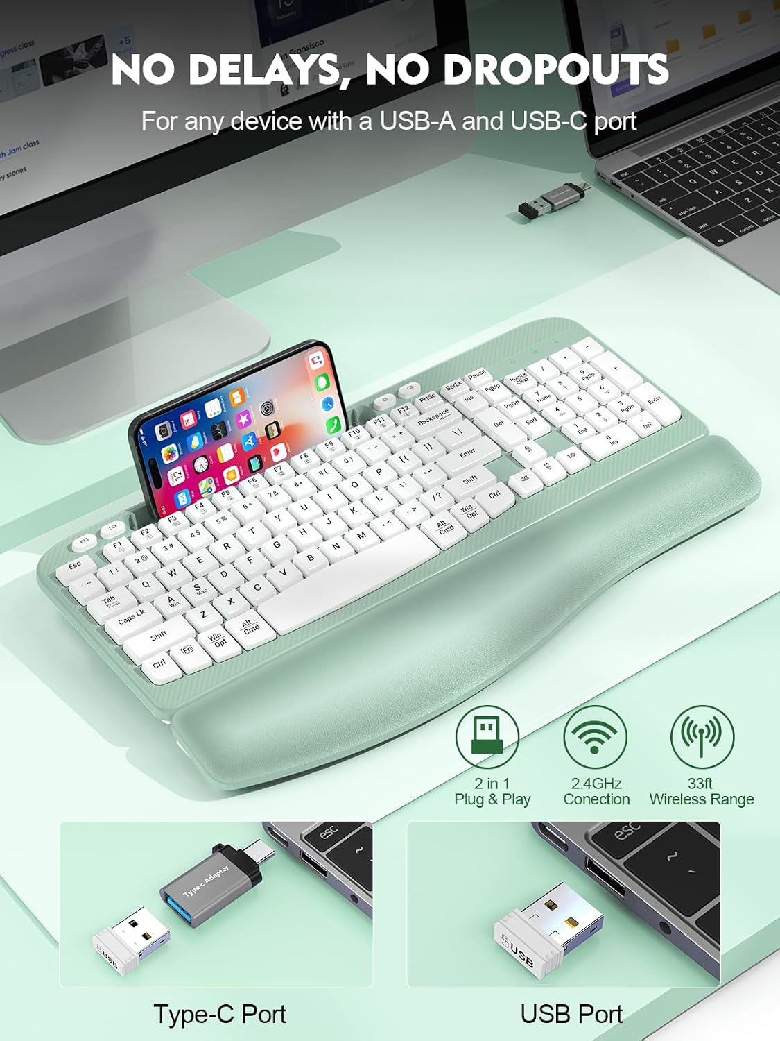 EAYBLLY 2.4G Wireless Ergonomic Keyboard, Full Size Wave Keys with Memory Foam Wrist Rest & 7.28in Phone Holder, USB-C Adapter Included for Windows Mac Chrome OS, Office or Home (Mint Green)