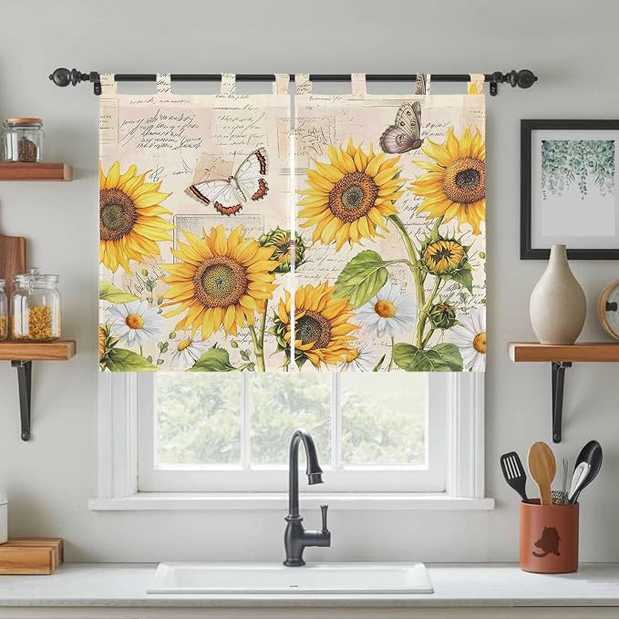 Yellow Sunflowers Kitchen Curtains 45 Inch Length, Short Cafe Window Curtains