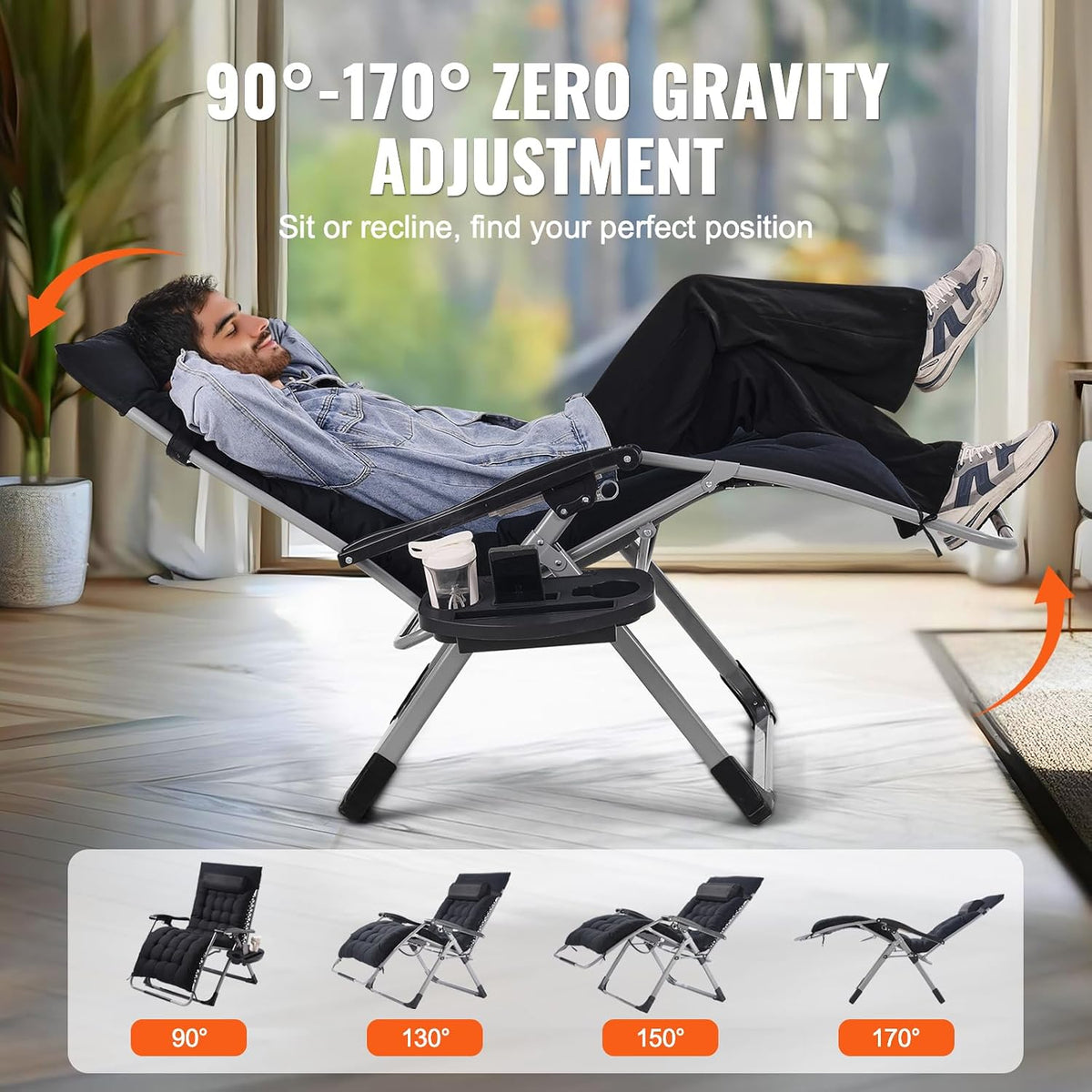 VEVOR Zero Gravity Chair, 33 inch Zero Gravity Recliner Lounge Chair for Indoor and Outdoor, Adjustable Anti Gravity Chair with Cushion, Headrest, Footrest, and Cupholder, 500 lbs, Black