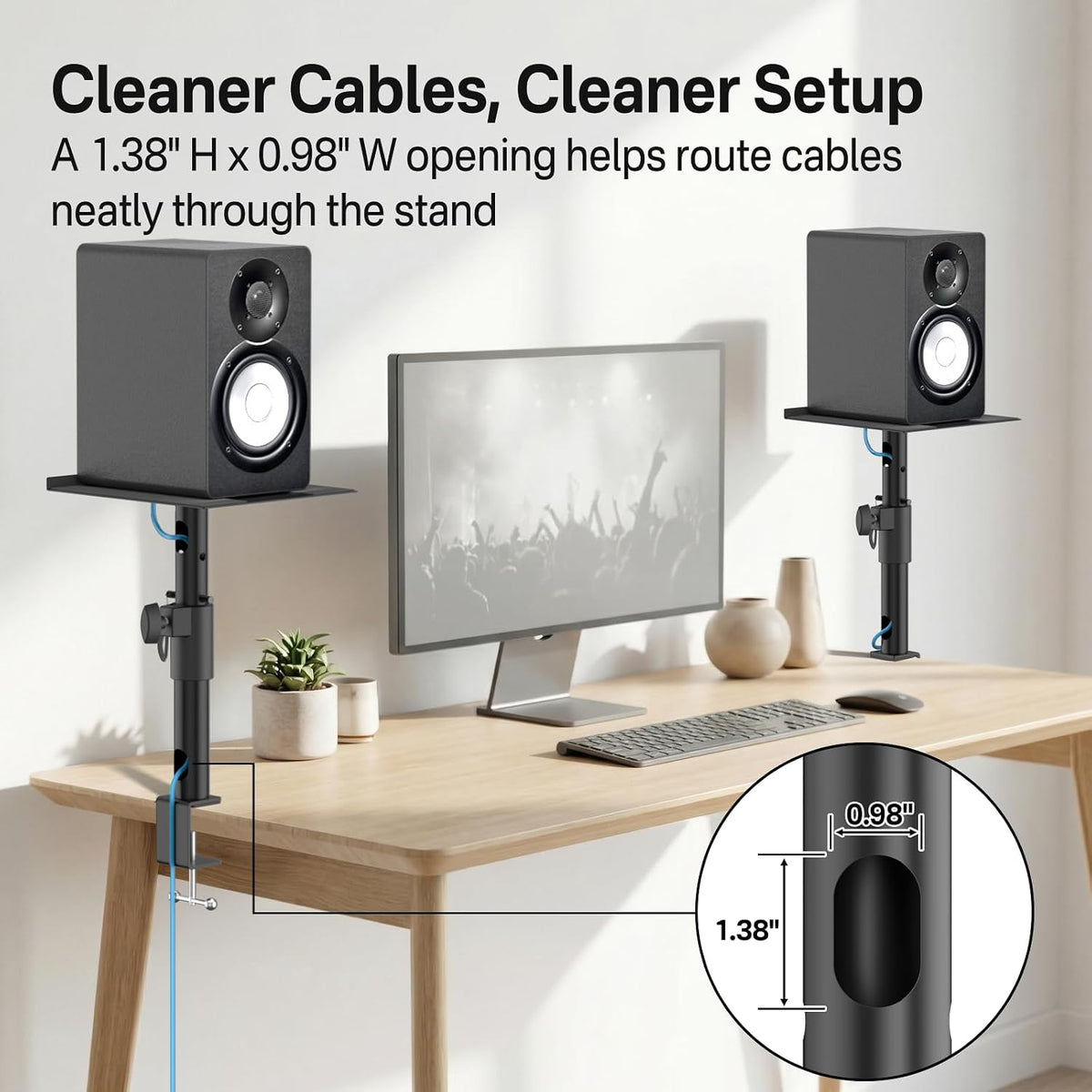Clamp-On Desktop Speaker Stand Pair, Heavy-Duty 9.3" x 8.9 Plate for Edifier, KRK, Klipsch, Yamaha, Samsung HW-Q Series, Height&Angle Adjustable Bookshelf Speaker Stands, Built-in Cable Management