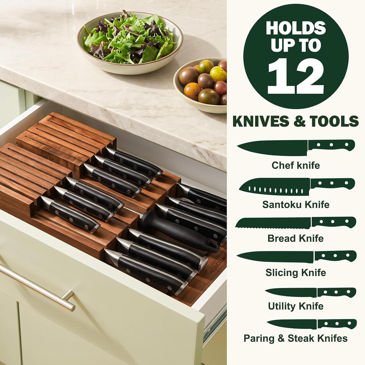 In-Drawer Knife Block without Knives, Acacia Wood Knife Drawer Organizer