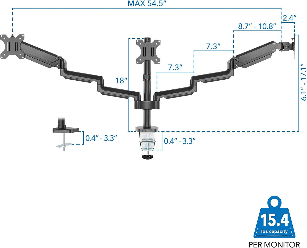 Mount-It! Triple Monitor Desk Mount with Full Motion Arms, 3 Monitor Riser with Gas Spring Arms for 27" Max Computer Screens, Sturdy Dual Clamp Base, Black