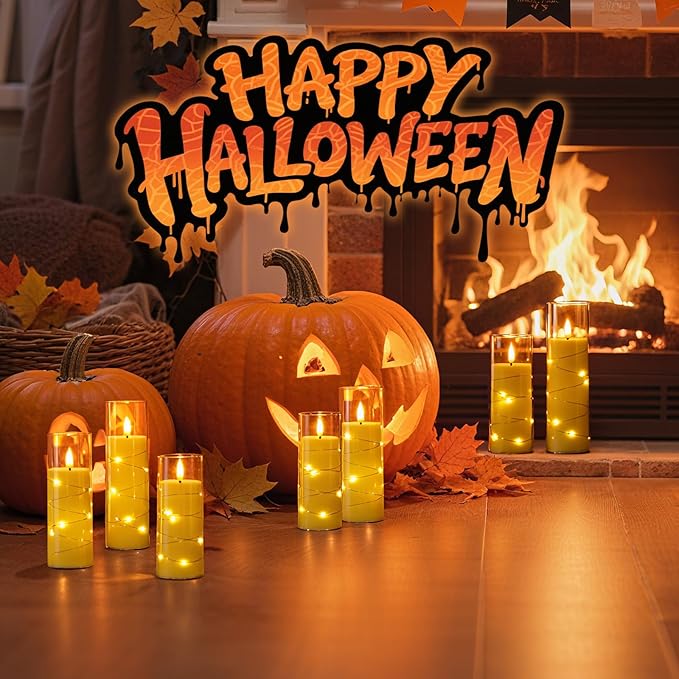 Raycare Flameless Candle with Remote Timer – 9 Flickering Acrylic Battery Operated LED Pillar Candles with Embedded Star String for Halloween, Home Decor, and as a Gift(Glod) (9 Pcs)