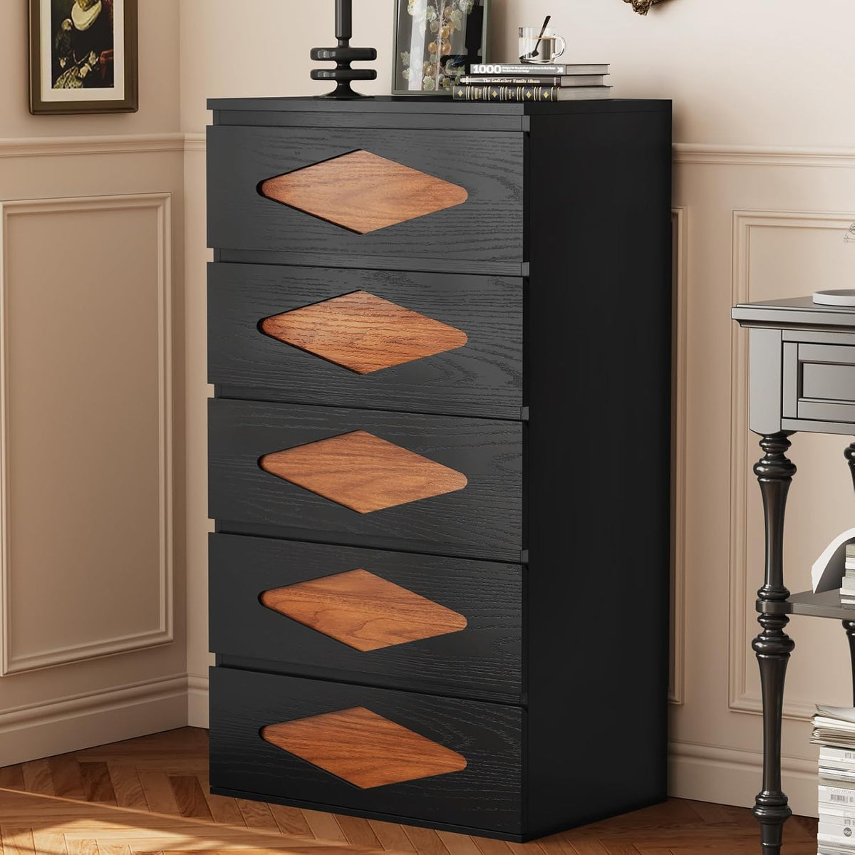 UPOSOJA Tall Dresser for Bedroom, 5 Chest of Wooden Drawers, Vintage Dresser, Closet Storage Dressers Organizer for Bedroom, Living Room, Hallway (Black+Brown)