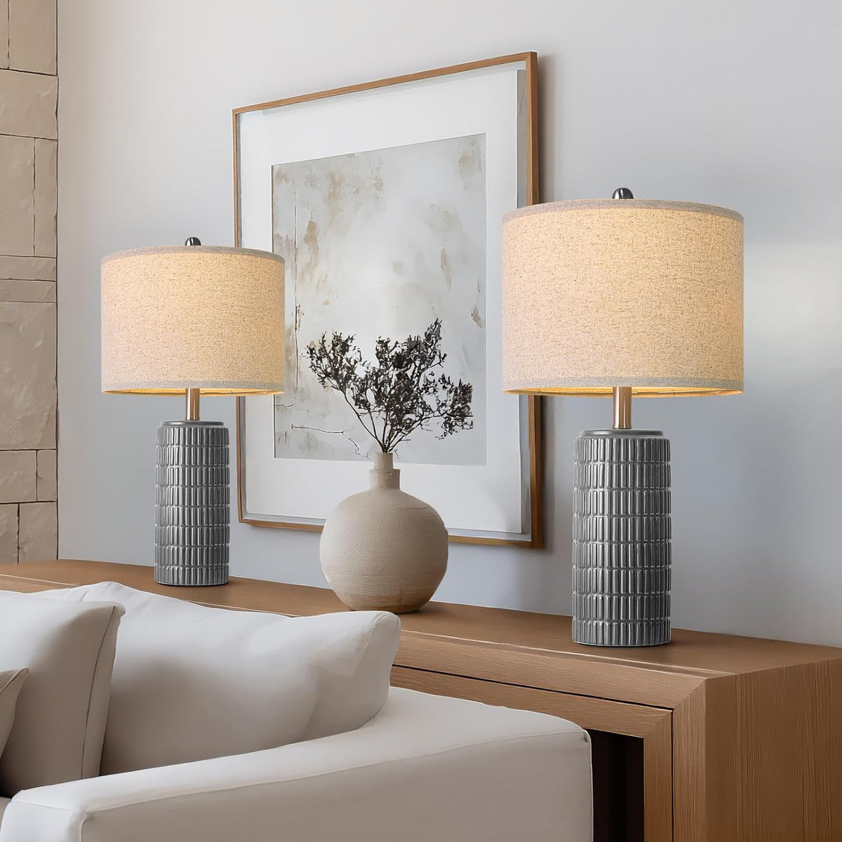 PoKat 23" Ceramic Dark Gray Table Lamps Set of 2 for Living Room, Modern Bedside Lamps for Bedroom, Farmhouse Nightstand Lamp for Home Office Guest Room Sideboard Entryway Decor Gifts