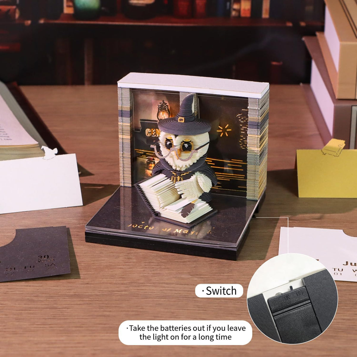 3D Timepiece Calendar 2027 with LED Light, 3D Memo Pad Paper Carving Art, Tear Away Desk Calendar for Daily Planner, Notepad & Bookmark, Creative Paper Sculpture for Office Decor & Gift (Wise Owl)