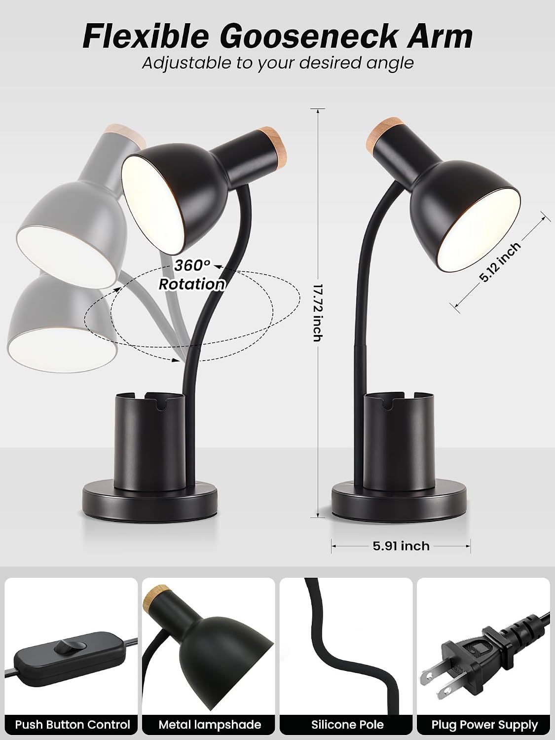 LED Desk Lamp for Home Office, Table Lamp with Pen Holder, 3 Color Modes Reading Light, Eye-Caring Desk Light with Gooseneck, Metal Study Lamp for Dorm Bedside Bedroom (Black Lamp)