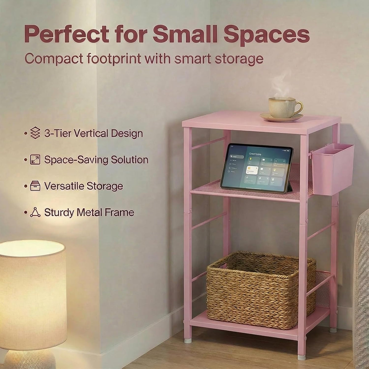 ECOLOVI Small 3 Tier Printer Stand for Under Desk, Height Adjustable Shelf Printer Table with 3 S-Hooks & Basket, Heavy Duty Industrial Storage Shelf for Home Office (Deep Pink)