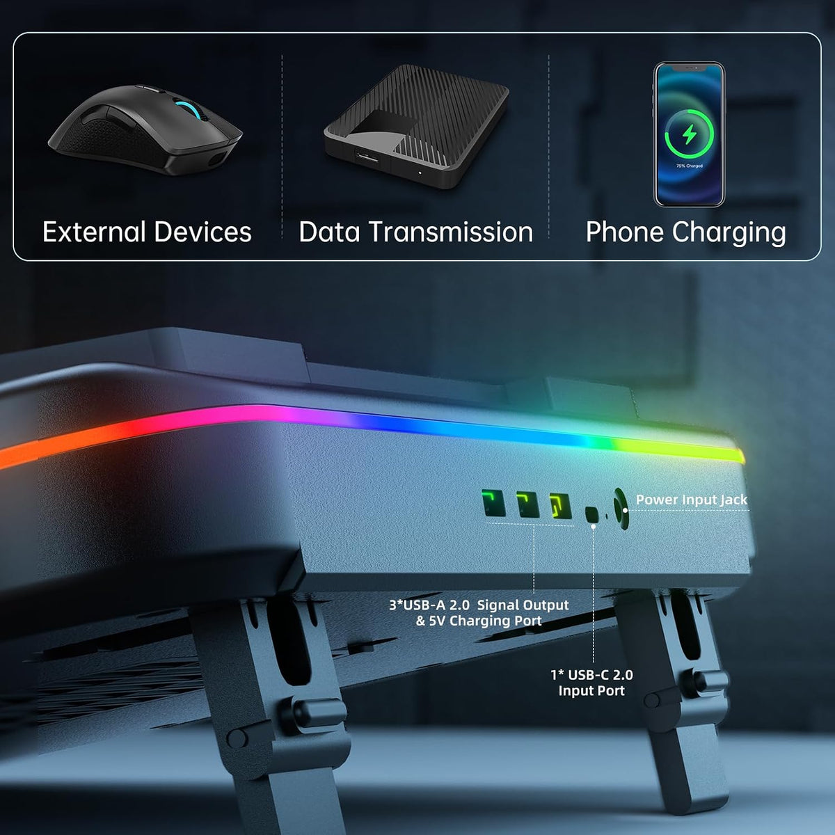 Gaming Laptop Cooling Pad with 3500RPM Powerful Turbofan, RGB Laptop Cooler Stand with 3 USB Ports, Ergonomic Adjustable Height Laptop Fan for 12-19 Inch Notebooks, Office & Gaming