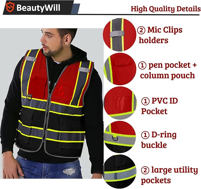5 Pack Custom Safety Vest Customized Logo Mesh Vest Class 2 High Visibility Reflective Vest with Pockets Workwear（Red Black，XL ）