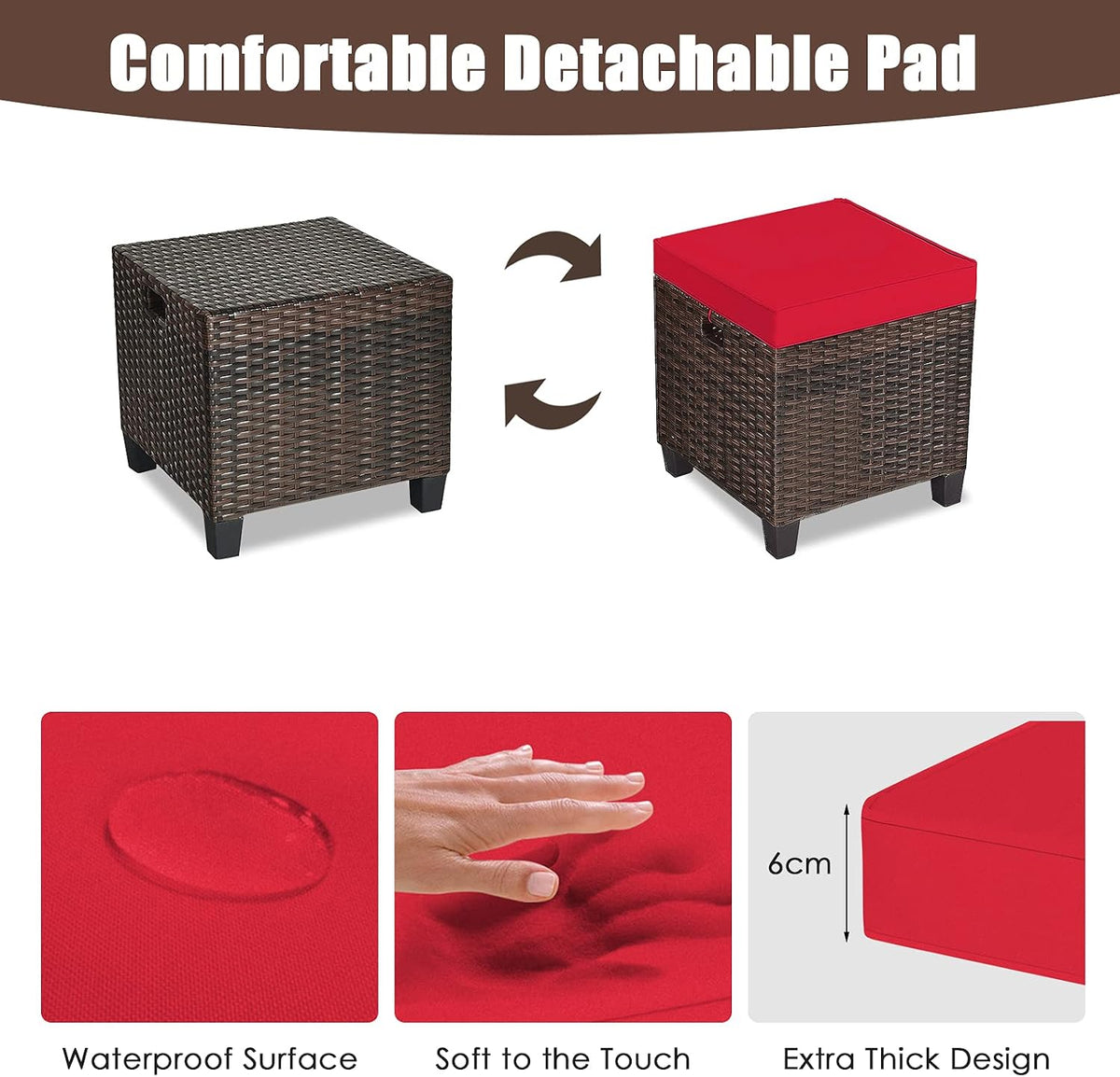ORALNER Set of 2 Outdoor Ottoman, 16" Wicker Footstools, All-Weather Rattan Cube Foot Stool w/Removable Cushions, Square Footrest Extra Seating for Patio, Porch, Deck, Easy Assembly (Red)