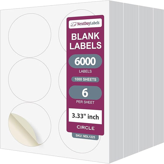 NextDayLabels 3.33 Inch Round Labels - Matte White Blank Circle Stickers - Printable Labels (6000 Sheets)