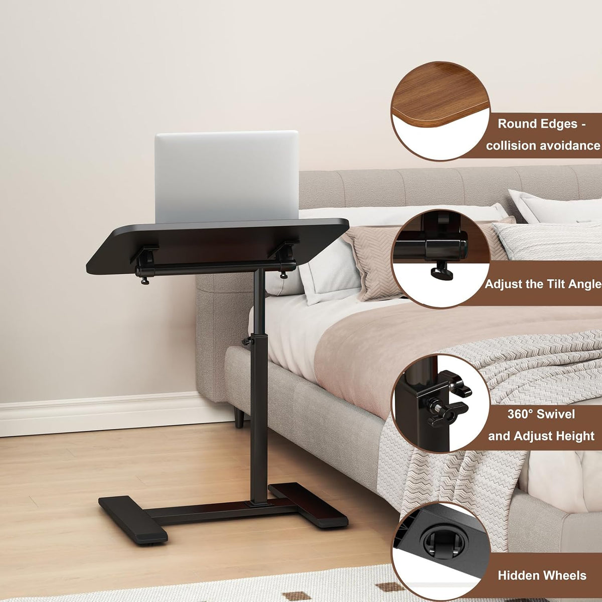 Adjustable Height C Shaped Side Table,360°Swivel Overbed Table,Top Tilting Laptop Stand Table with Hidden Wheels,Mobile Couch End Tables that Slide under,Rolling TV Coffee Table for Sofa/Bed(black)