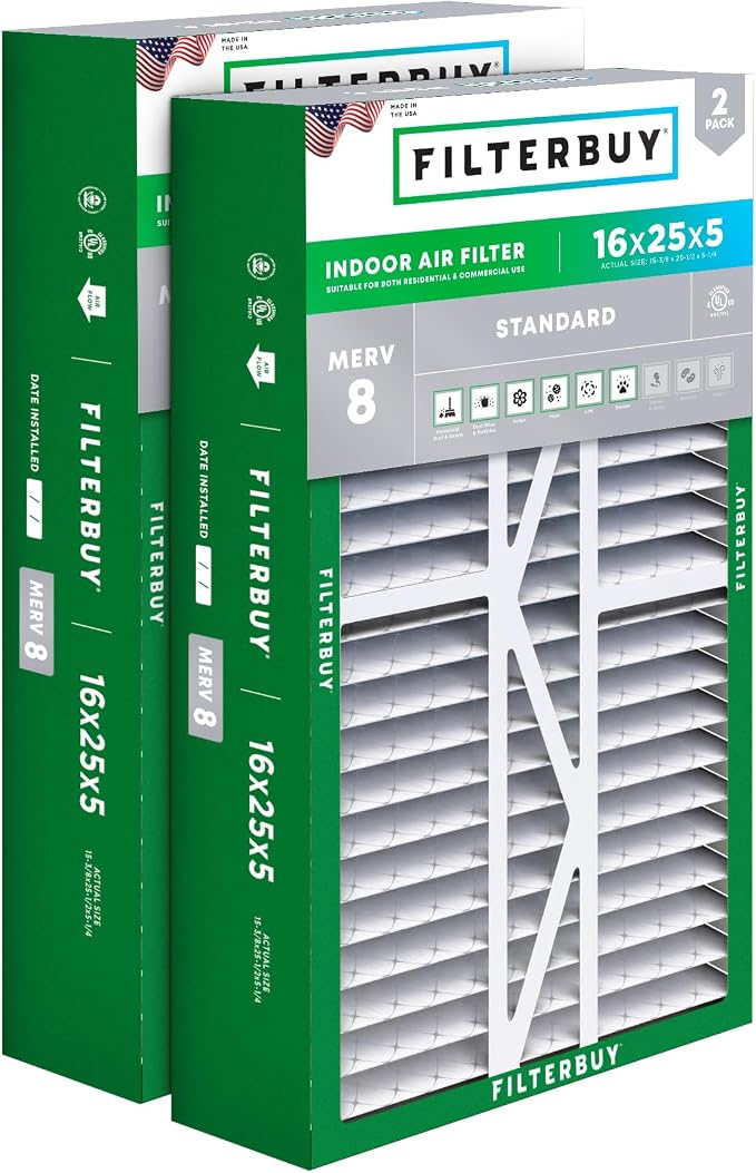 Filterbuy 16x25x5 Air Filter MERV 8 Essential Dust & Allergy Defense, Pleated