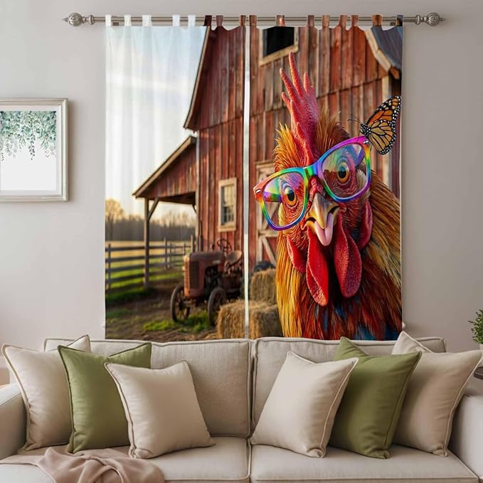 Farm Rooster Living Room Curtains 96 Inch Length, Window Curtains Tab Top