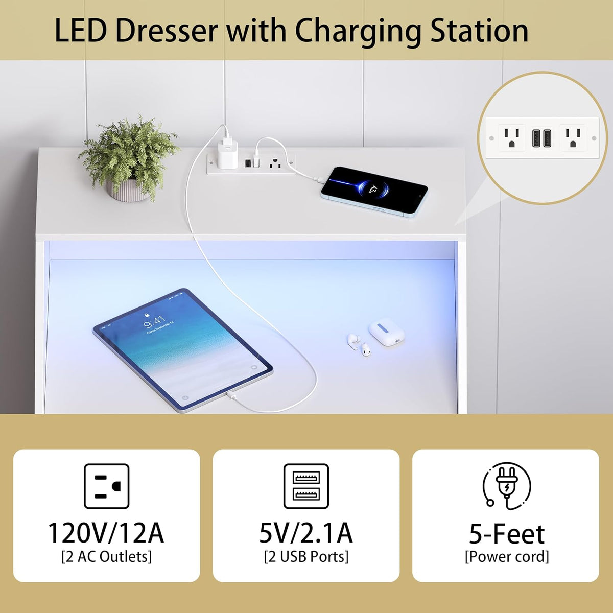 Wodeer White Dresser 3 Drawer Nightstand, Wood Night Stand with LED Lights, Charging Station, Metal Handles, Modern Storage Cabinet and Organizer Drawers for Living Room, Hallway