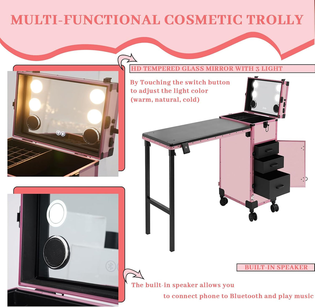 Rolling Makeup Train Case with 4 Drawers&Mirror, Foldable Makeup Nail Desk with Table&Blueteeth Speaker, Lockable Manicure Table for Technician Workstation Salon (Pink)
