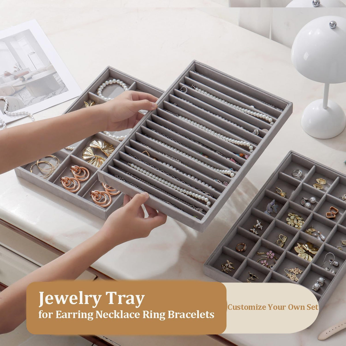 Large Velvet Jewelry Drawer Organizer Trays Set of 4