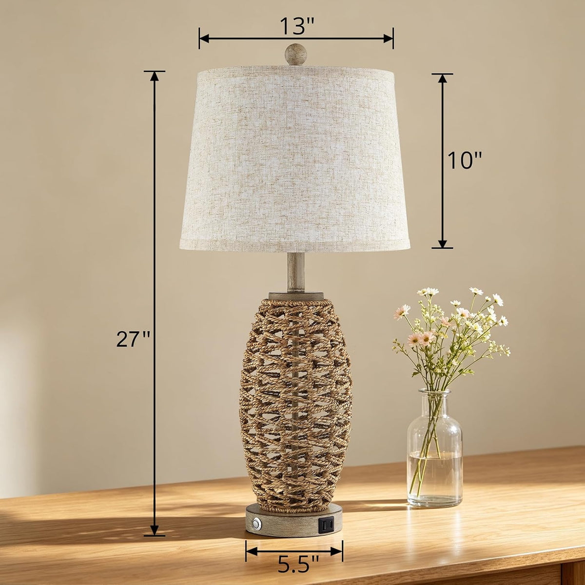 Rattan Table Lamp for Living Room, Dimmable Touch Lamp for Bedside Table in Bedroom or Office, Rustic Vintage Table Lamp with USB Ports, Farmhouse Coastal lamp (Including LED Bulbs)