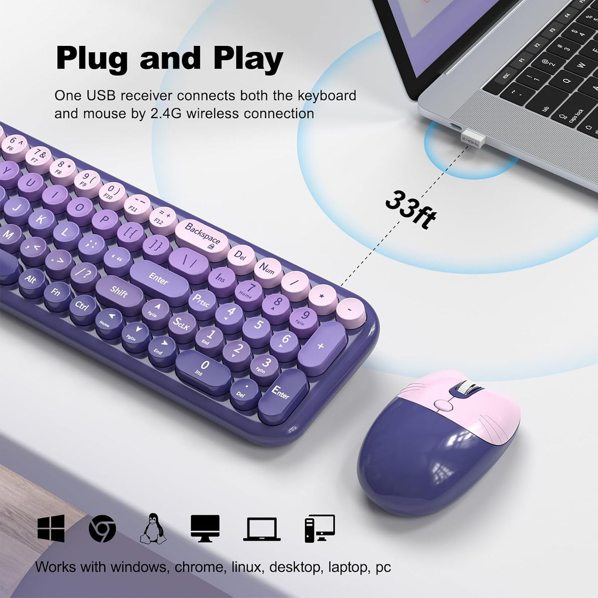 MOFII Wireless Keyboard and Mouse Combo, Compact Small Keyboard with Large Print, 2.4GHz Retro Typewriter Keyboard, Quiet Click Mouse for PC, Laptop, Desktop, Windows (Purple Gradient)