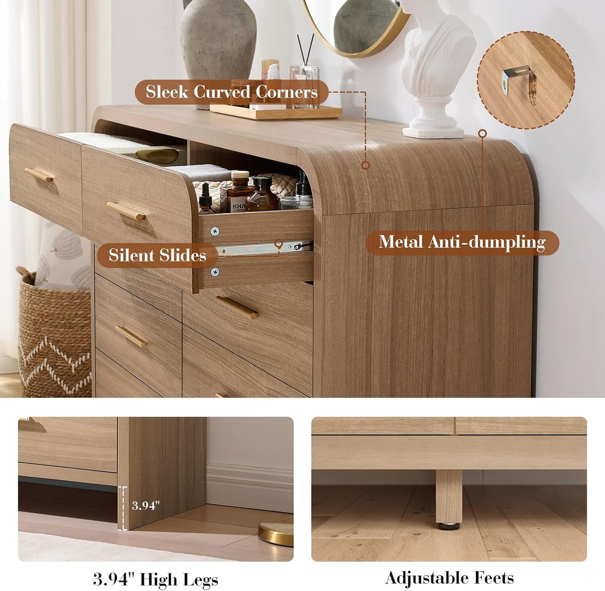 Curved Drawer Dresser for Bedroom with 8 Drawers, 54'' Wide Chest of Drawer