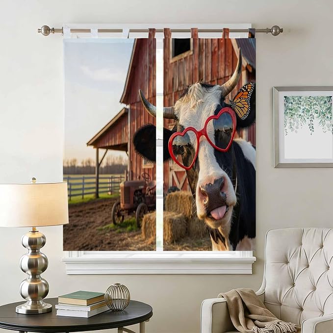 Farm Cows Bathroom Curtains 63 Inch Length, Window Curtains Tab Top, Farmhouse
