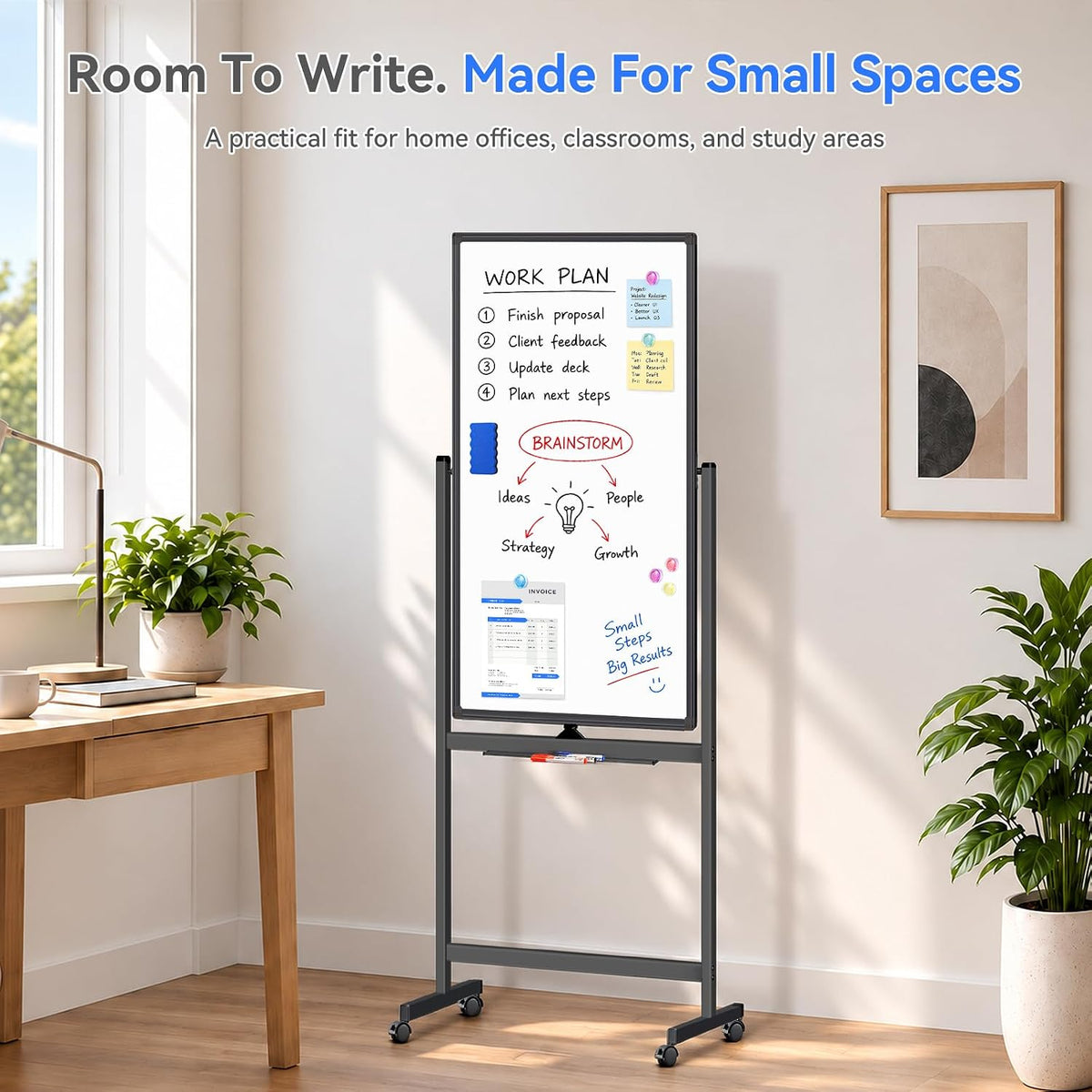 Maxtek Magnetic White Board on Wheels 40x24 Black Mobile Double-Sided Board