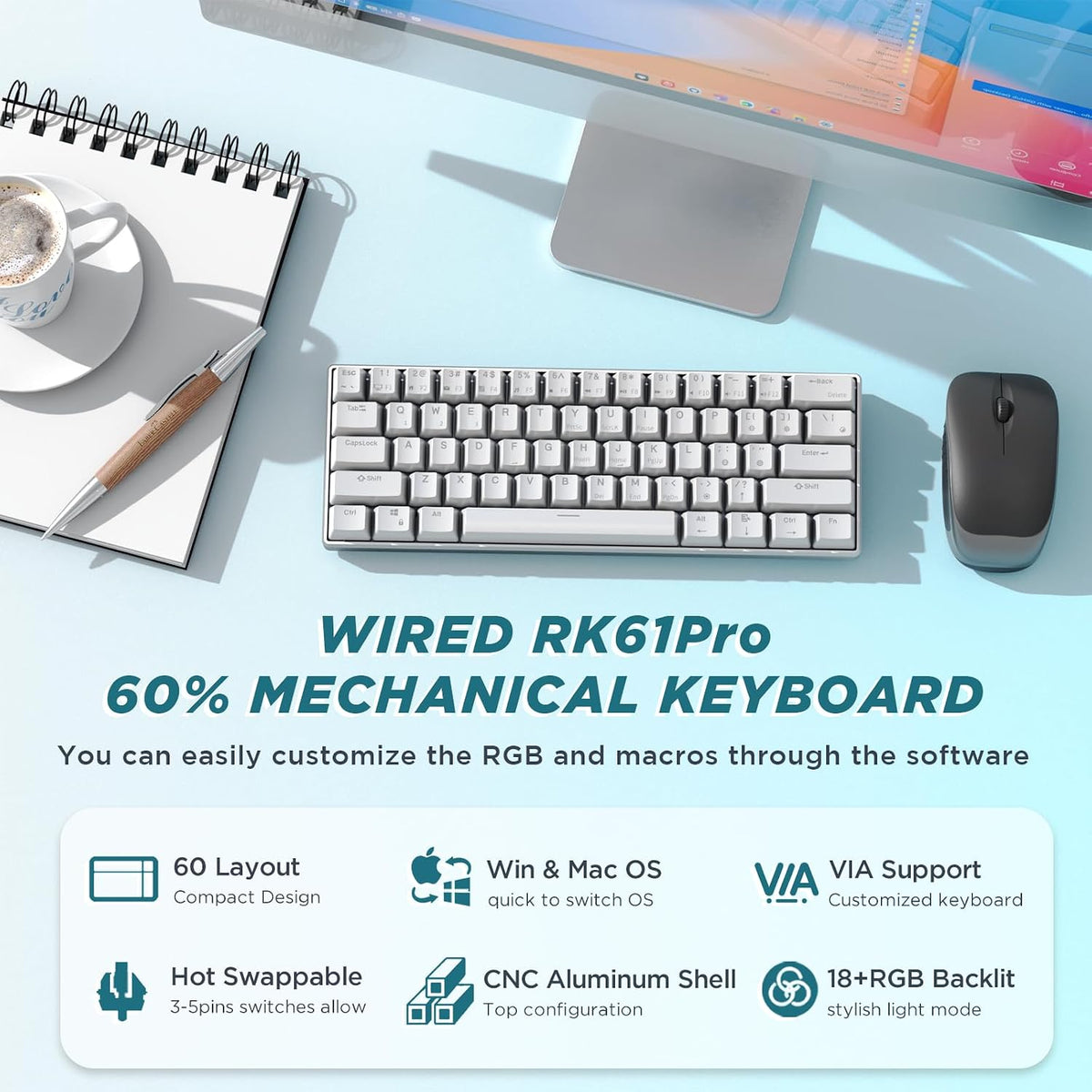 RK ROYAL KLUDGE 60% Mechanical Keyboard RK61 Pro, Wired Gaming Keyboard Aluminum Frame, Programmable RGB Backlit 61 Keys Ultra-Compact, Gateron Brown Switch, White