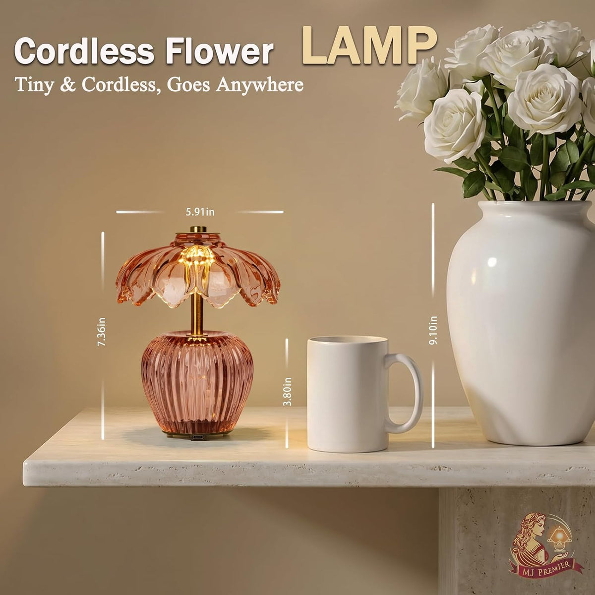 MJ PREMIER Rechargeable Table Lamp, Small Cordless Lamp with Timer, Pink