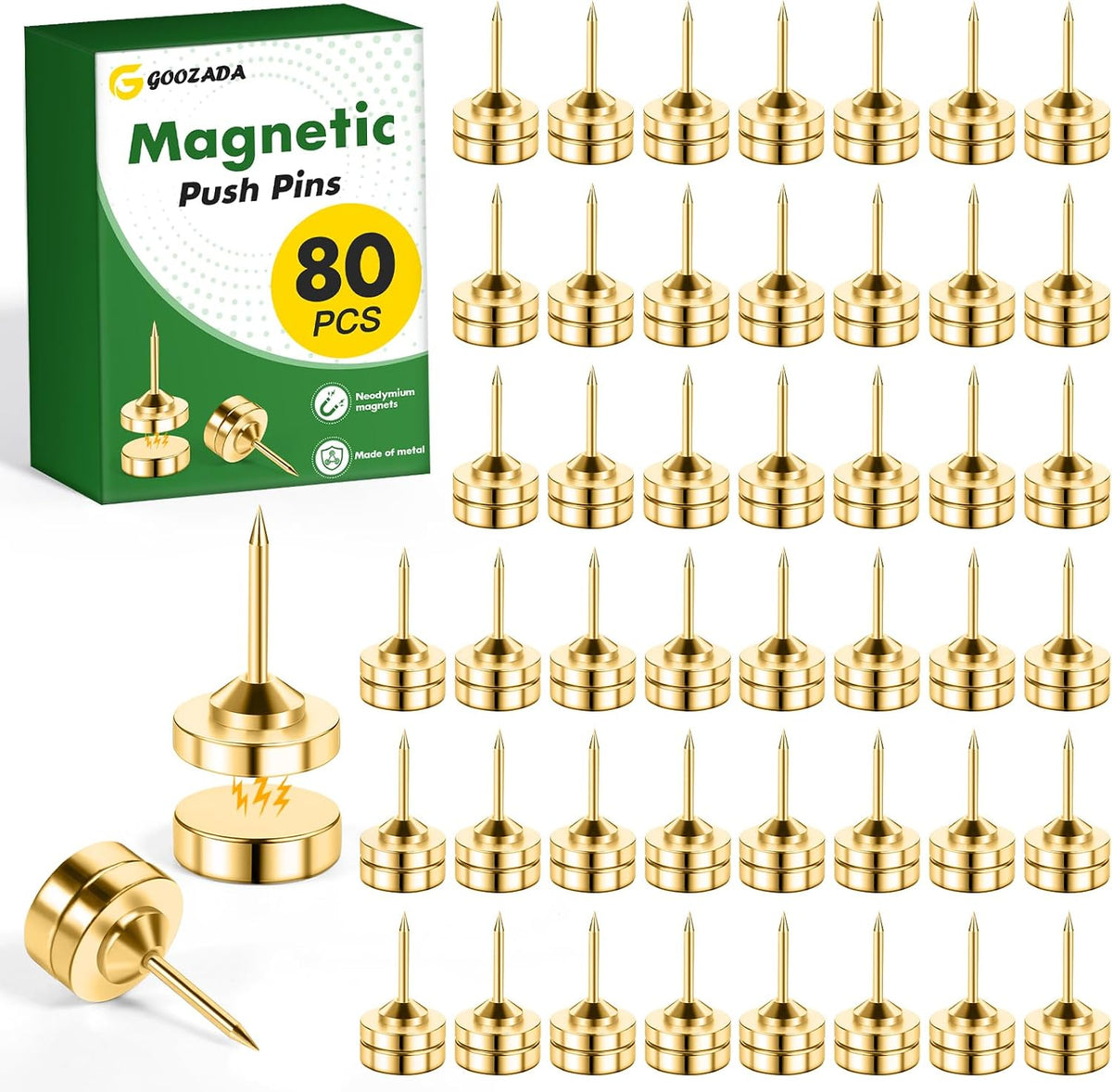 80 Sets of Magnetic Push Pins, Gold Flat Push Pins for Cork Board, Bulletin Board, Wall, Photo Hangers