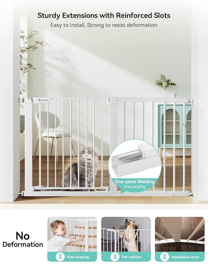 COMOMY 30" Tall Baby Gate for Stairs Doorways, Fits Openings 29.5" to 51.6" Wide, Auto Close Extra Wide Dog Gate for House, Pressure Mounted Easy Walk Through Pet Gate with Door, White