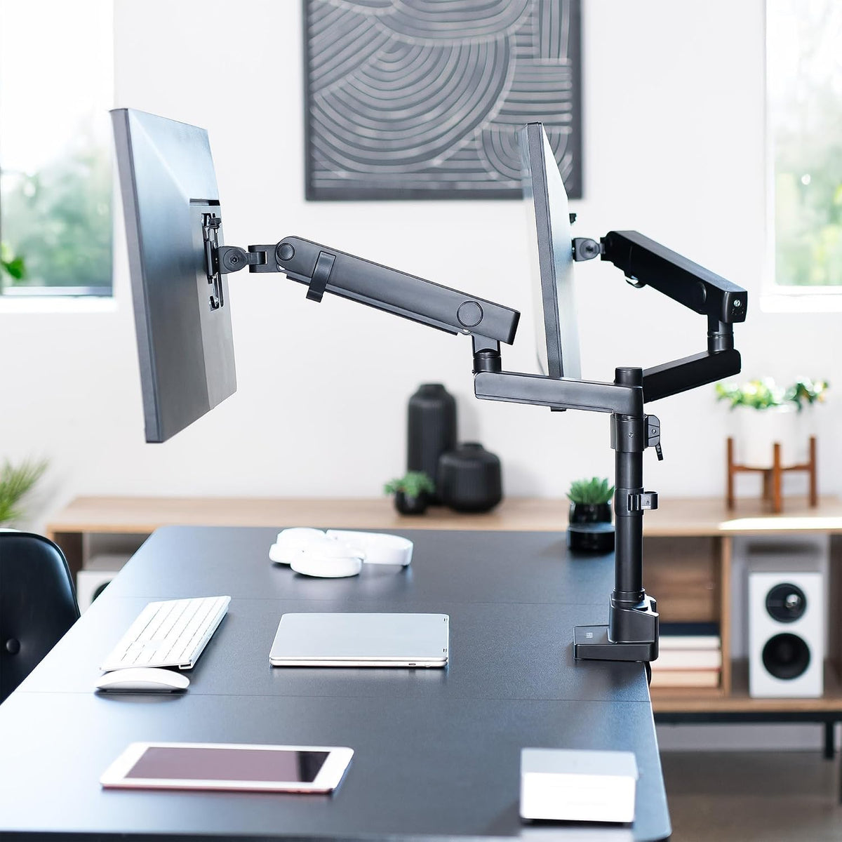 VIVO Premium Aluminum Full Motion Dual Monitor Desk Mount Stand with Lift Engine Arm, Pole Extension, and USB Ports, Fits Ultrawide Screens up to 40 inches, STAND-V102BDU