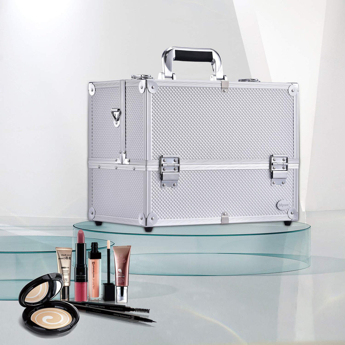 Joligrace Extra Large Makeup Train Case 6 Tray Make Up Artists Organizer Box Lockable Cosmetic Jewelry Toiletries Carrier Crafters Tool Cases with Adjustable Dividers & Shoulder Strap - Silver